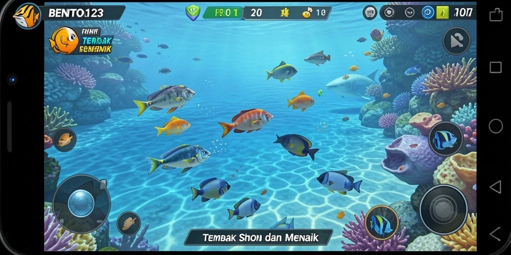 Tampilan gameplay BENTO123 menampilkan aksi menembak ikan yang seru.