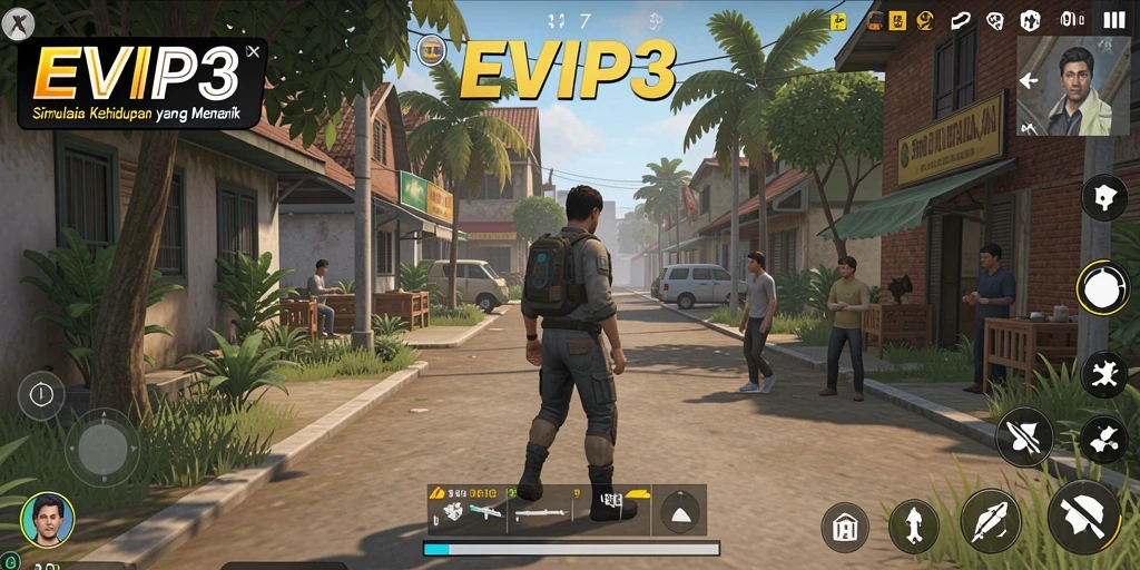 Tampilan gameplay EVIP3 dengan karakter dan lingkungan yang dinamis.