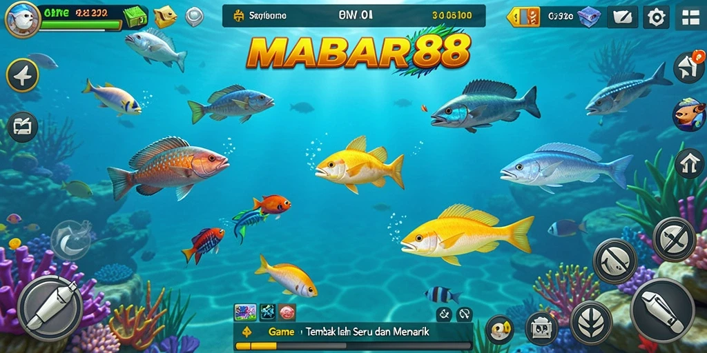 Tampilan gameplay MABAR88 saat menembak ikan berwarna-warni.