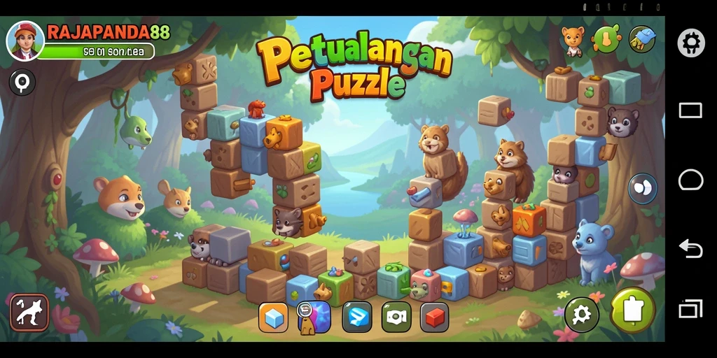 Screenshot gameplay RAJAPANDA88 menunjukkan puzzle yang menarik dan penuh warna.