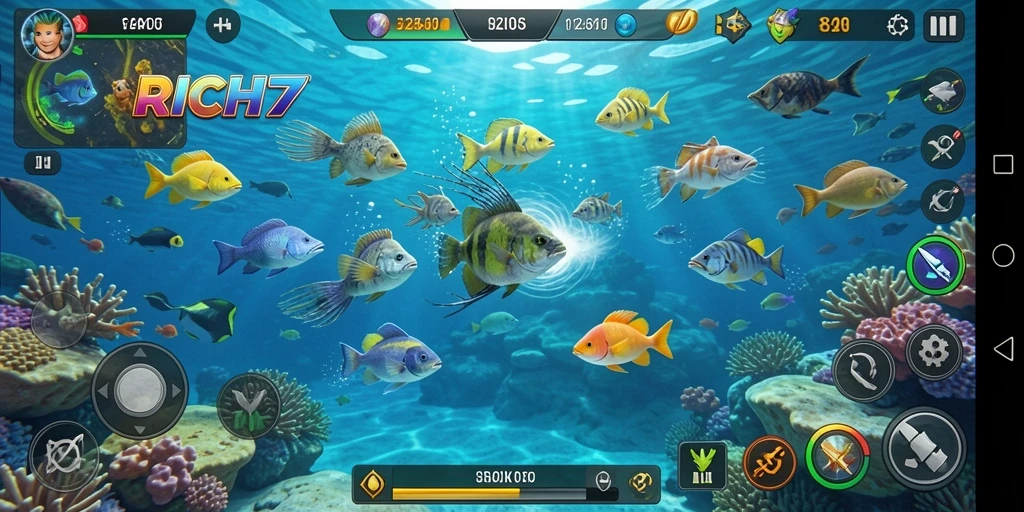 Screenshot RICH7 menampilkan aksi seru berburu ikan.