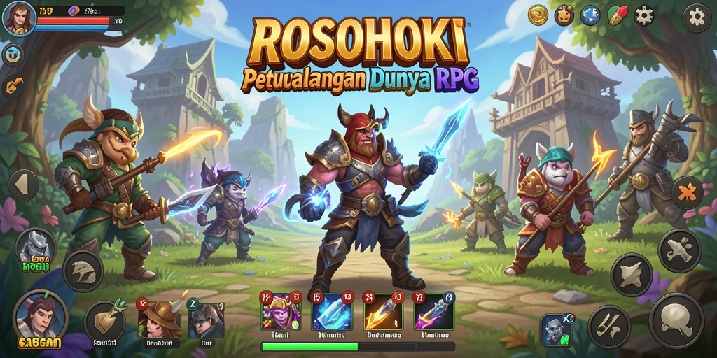 Screenshot gameplay <strong>ROSOHOKI</strong> yang menunjukkan pertempuran seru dan karakter yang beragam.