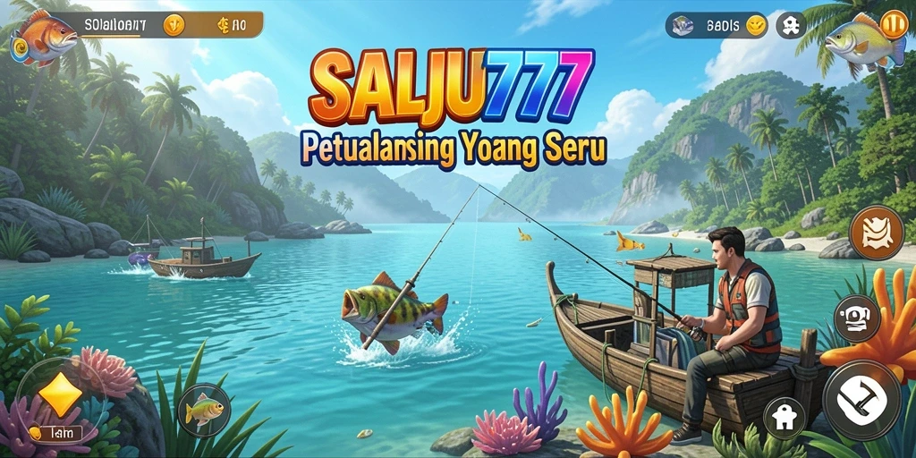 Screenshot menunjukkan gameplay SALJU777 dengan berbagai ikan dan lokasi memancing.